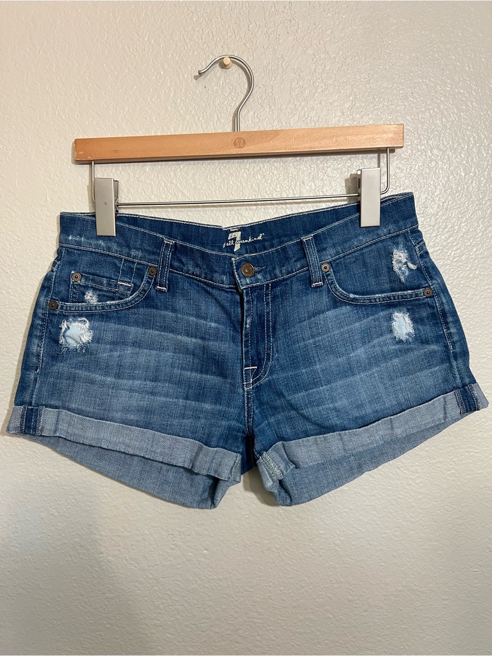 7 For All Mankind Distressed Cuffed Denim Shorts Womens 27 Blue Mid Rise